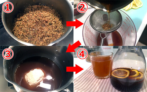 用意したエルダーフラワーを煮出して茶漉しで漉し、レモンと砂糖を加えればエルダーフラワーのハーブコーディアルの出来上がり