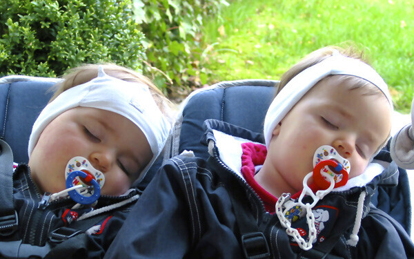 ベビーカーで並んで眠る双子