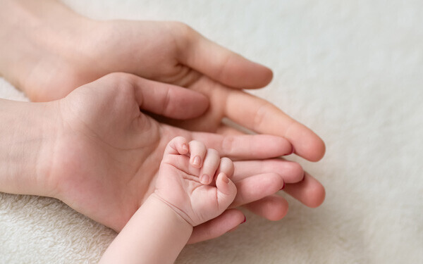 赤ちゃんの手を包む、パパとママの手