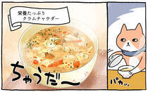 疲れた人に「ごはん」を届ける「秘密結社」の活躍を漫画にして配信中。今回は、喧嘩をしている夫婦に栄養たっぷりクラムチャウダーをお届けします！猫が。