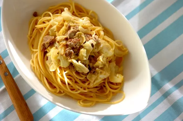 ひき肉とキャベツのカレークリームスパゲティー