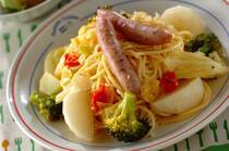 2025年11月13日(木)の献立は「菜園風スパゲティー」の献立。どの料理にも野菜をたくさん使って。旬の味が楽しめるスパゲティーの献立。