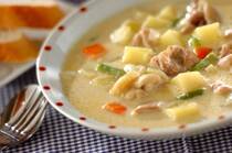 2026年3月14日(土)の献立は「鶏肉の和風ミルクスープ煮」の献立。食後はマシュマロクッキーとコーヒーで、ホワイトデーの気分を満喫！