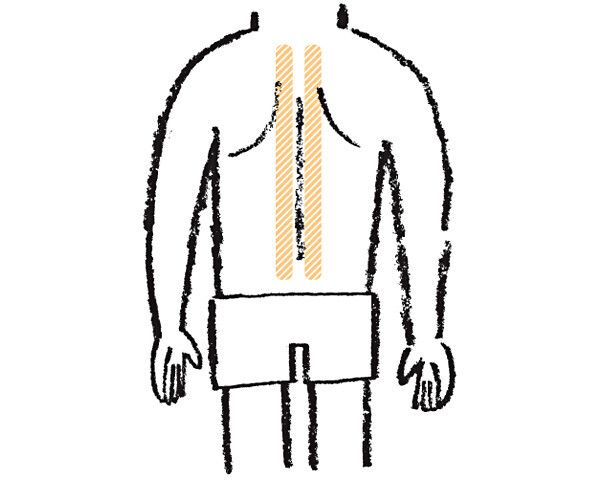 背骨の親指半分だけ外側部分を上から下まで指でなぞるようにしてもみましょう。※背骨は中に神経が通っているので、背骨を直接もむことは避けましょう。