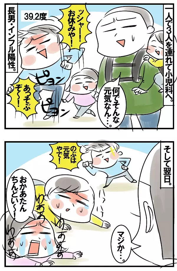 ワンオペで4人の子を連れ小児科へ！ 風邪のうつしあいがカオス【めまぐるしいけど愛おしい、空回り母ちゃんの日々 第104話】