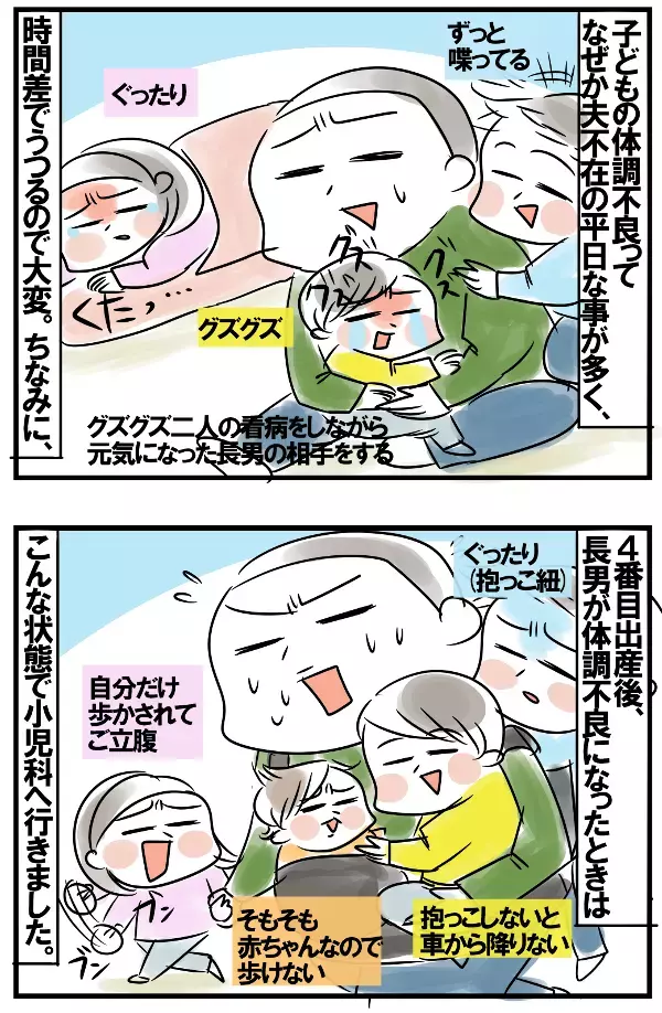 ワンオペで4人の子を連れ小児科へ！ 風邪のうつしあいがカオス【めまぐるしいけど愛おしい、空回り母ちゃんの日々 第104話】