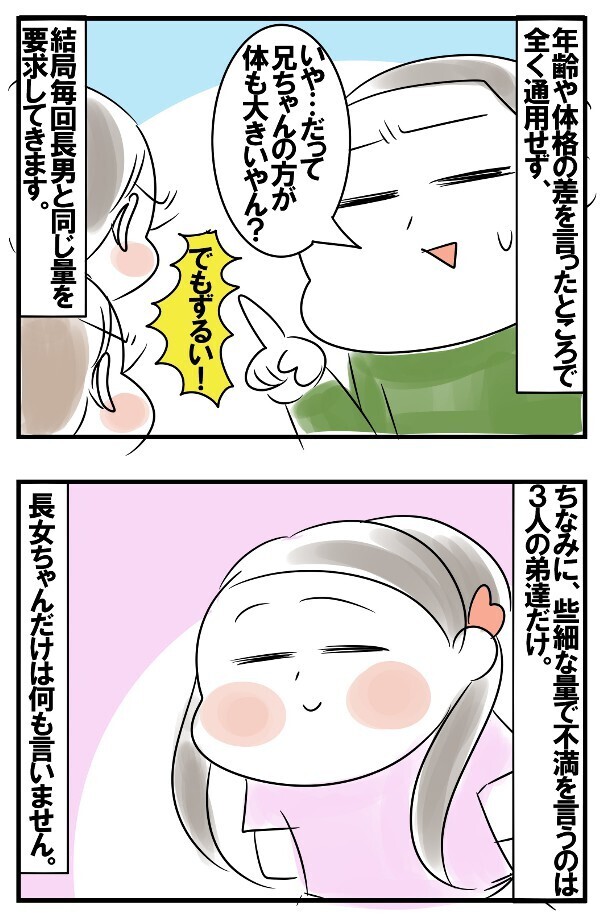 なぜ些細の差にも気付く!? 食事＆おやつの量問題で発揮される弟たちの特殊能力！【めまぐるしいけど愛おしい、空回り母ちゃんの日々 第137話】