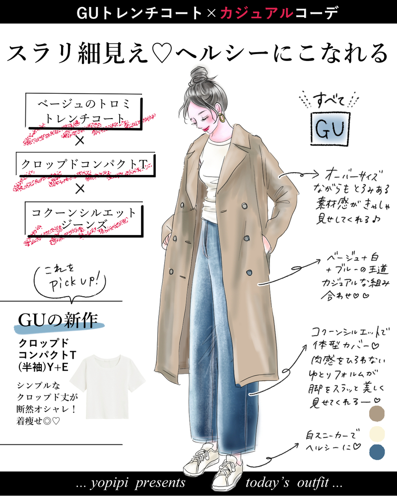 【GUのトレンチコート】どう着たって洒落る！華奢見せとろみトレンチでこなれご近所コーデ【yopipiのプチプラコーデ〜ときどき育児日記〜 Vol.7】