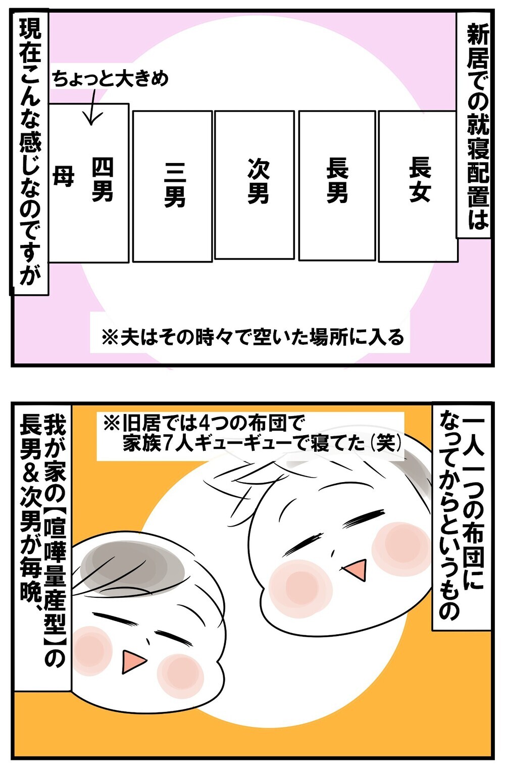 就寝時の縄張り問題。毎晩喧嘩になるくせになぜか隣で寝たがる子どもたちの謎【めまぐるしいけど愛おしい、空回り母ちゃんの日々 第180話】