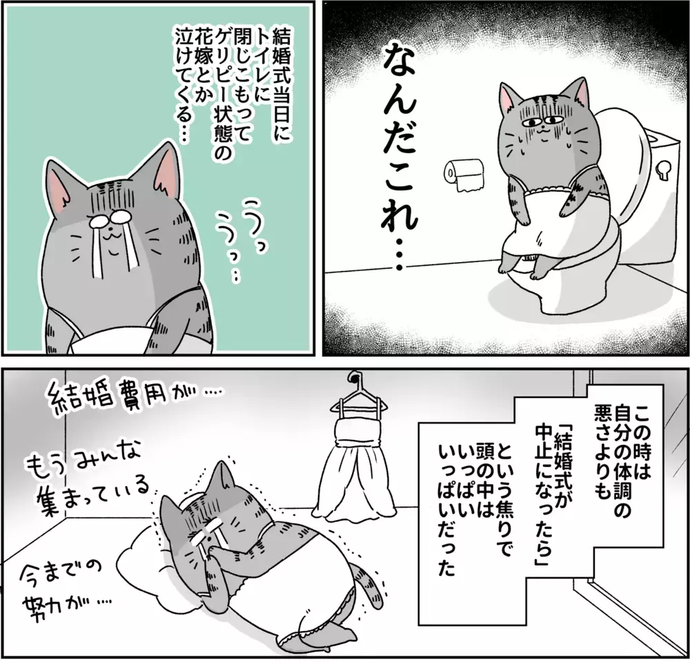 嘘でしょ…結婚式の当日にトイレに閉じこもる花嫁なんて！？  パニック障害がわかるまで【パニックにゃんこ Vol.6】