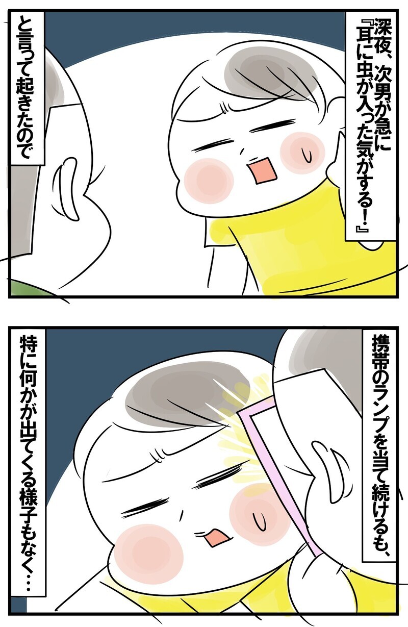 「耳に虫が入った気がする」… 深夜に耳の違和感で起きた次男。翌朝驚きの光景が…！【めまぐるしいけど愛おしい、空回り母ちゃんの日々 第185話】