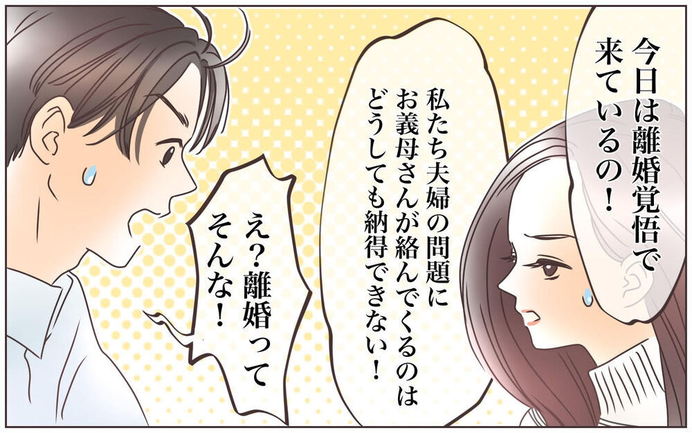 離婚を覚悟した最後の話し合い…夫の答えは？／資産家の夫は義母の伝書鳩（10）【義父母がシンドイんです！ まんが】