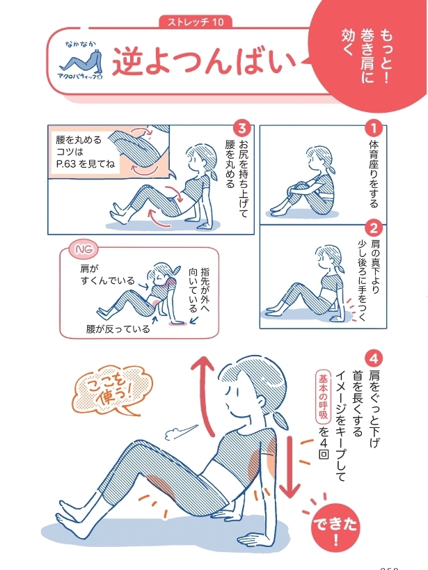 巻き肩をさんにぜひやってもらいたい！　「ひじねじり」と「逆よつんばい」【筋トレざせつ女子が行き着いた　1分やせストレッチ Vol.7】