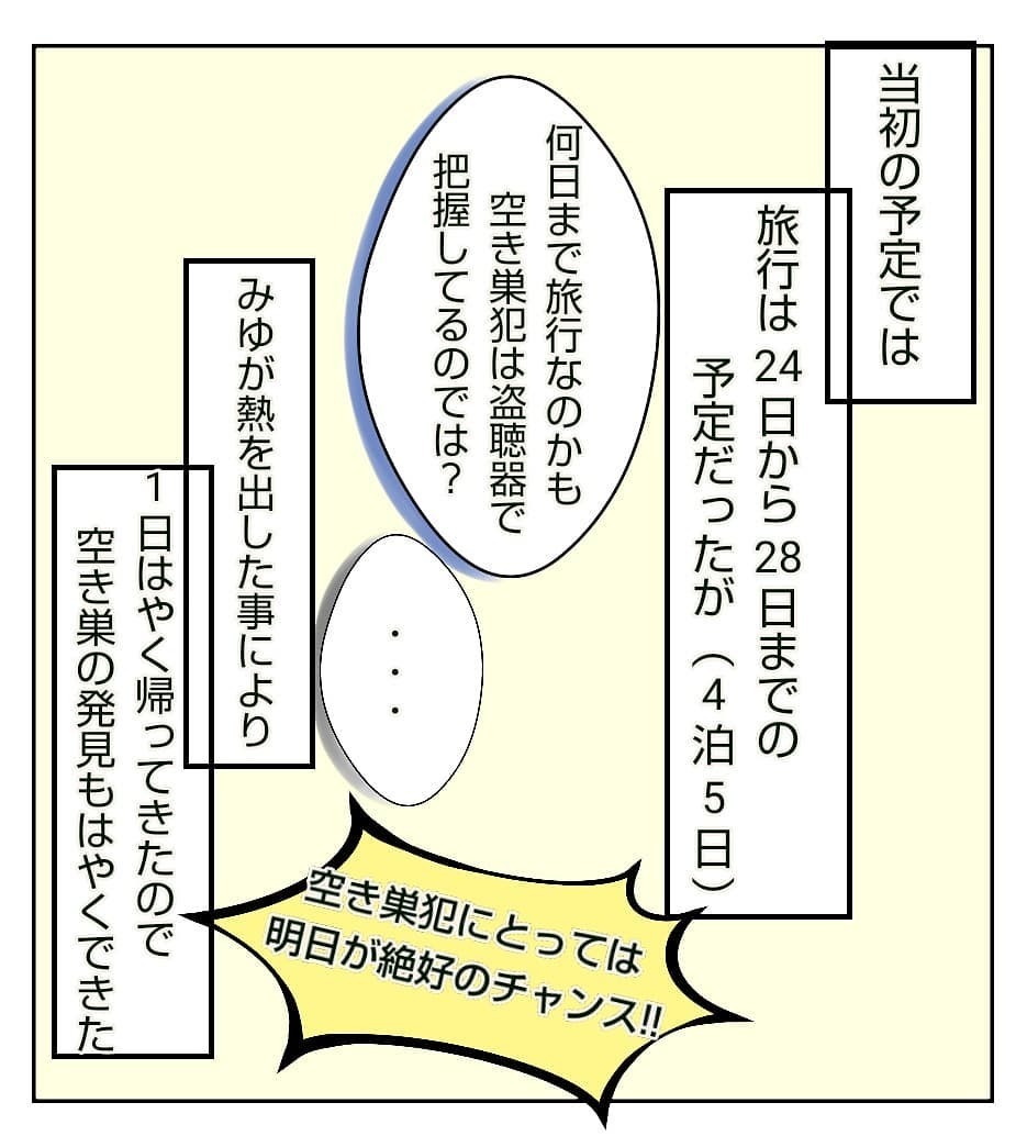 私たちがまだ旅行中と思っている空き巣犯、もしかしてあの場所へ行くかも？【新築マイホームに空き巣!? Vol.13】