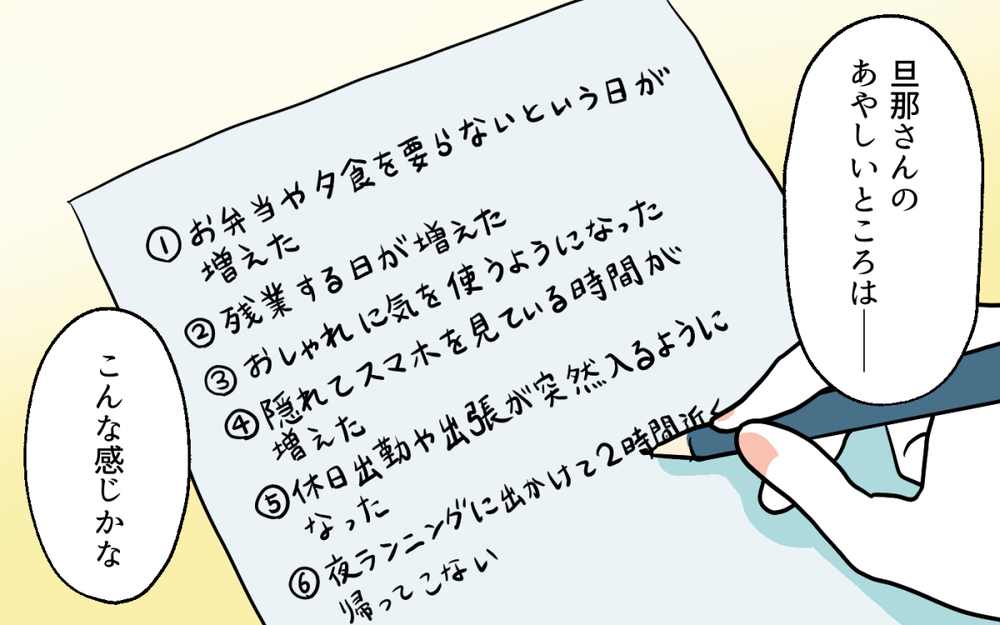あやしい行動をリストアップ！ 私たちで必ず浮気の証拠を掴んでみせる！／ママ友がいてよかった（４）【私のママ友付き合い事情 まんが】