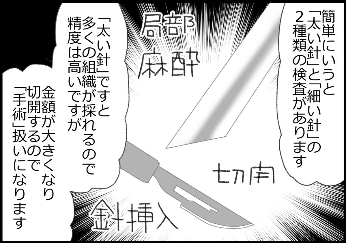 簡単に言うと「太い針」と「細い針」2種類の検査があるとのこと。