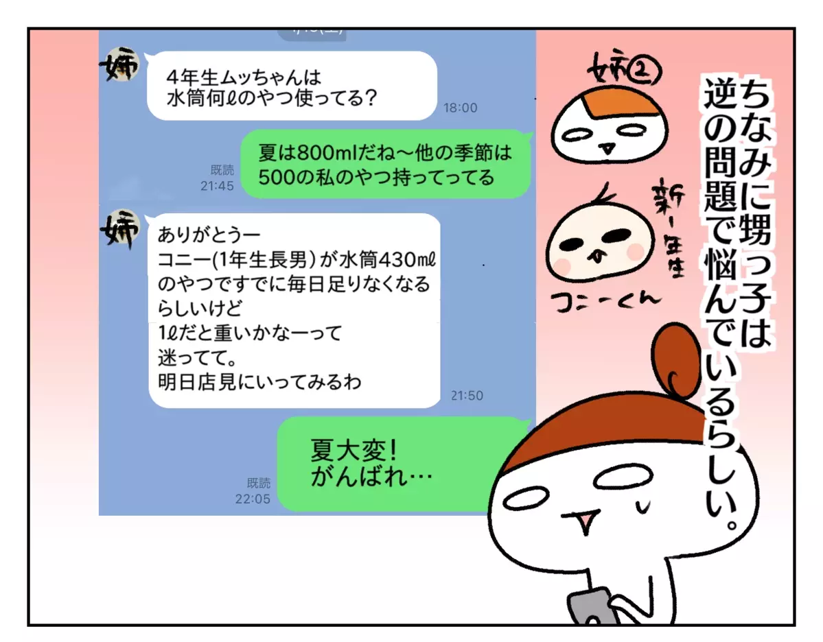 しかし、オコメとは逆の悩みを持つ甥っ子もいます。いとこの小1コニーくんは、よく飲むので水筒を大きくするか悩んでいる様子。