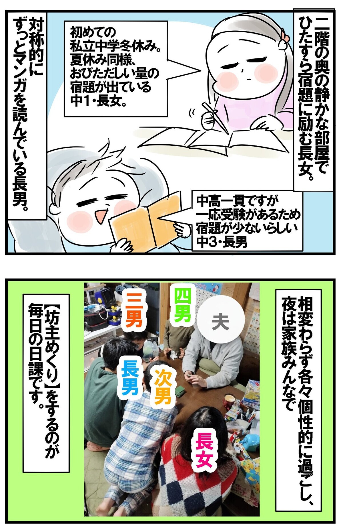 長女はひたすら宿題に励み、長男はずっとマンガを読んでいます。そんな感じでそれぞれ過ごしていますが、夜には…。