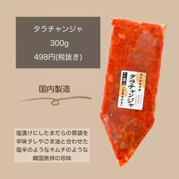 業務スーパー「タラチャンジャ」と、内容量・価格等の説明文