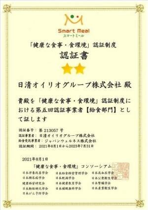 「健康な食事・食環境」の認証を2事業場において取得　～栄養バランスのとれた「スマートミール」を社員食堂で提供～