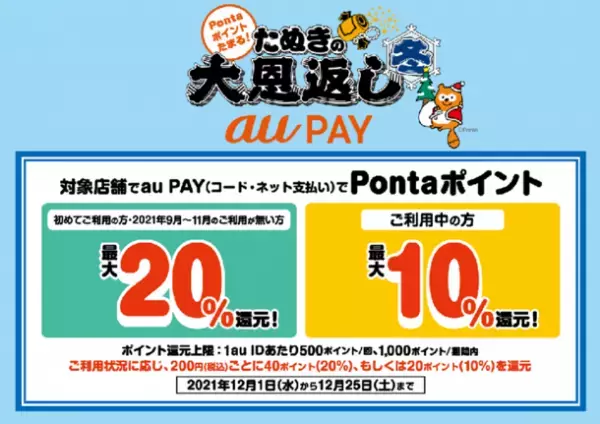 au PAY、最大20％のPontaポイントを還元する「たぬきの大恩返し 冬」を開催
