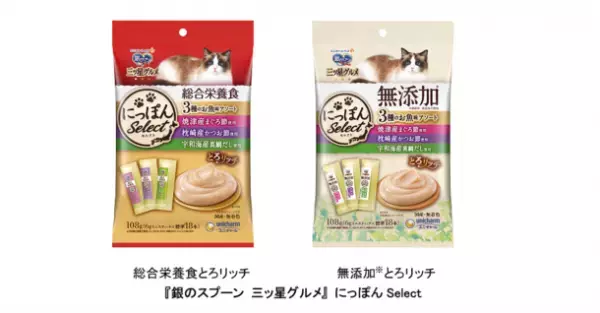日本各地の厳選素材を使用したネコちゃん用ウェットタイプおやつ『銀のスプーン 三ッ星グルメ』にっぽんSelect「総合栄養食とろリッチ」と「無添加※とろリッチ」に“宇和海産真鯛だし使用” 新発売