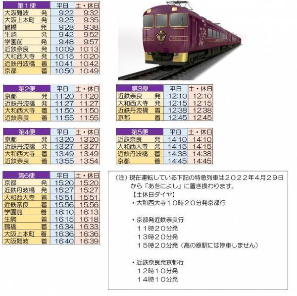 ４月２９日（金・祝）いよいよ運行開始観光特急「あをによし」の運行ダイヤや車内販売メニューが決まりました～専用サイトも本日からスタート～