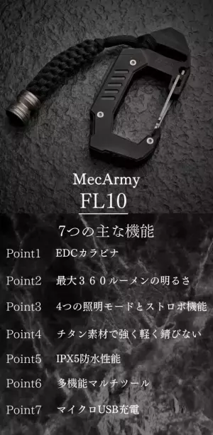 アウトドアから緊急時まで多機能ツールとして活躍！チタン製カラビナライト『MecArmy FL10』、4月下旬よりMakuakeにて先行販売