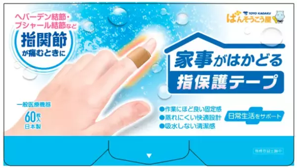 更年期女性の5人に1人は手指の関節に何等かの痛みを抱えている。過半数が「何もせず痛みを我慢している」と回答。程良い固定感で日常生活をサポート。『家事がはかどる指保護テープ』新登場！