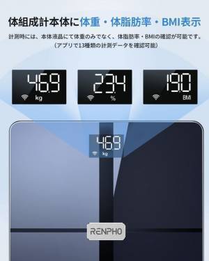 『Renpho』アプリを開くことなく、いつでも乗るだけでスマホに自動データ転送！Wi-Fi／Bluetooth搭載の「スマート体組成計-Premium」を発売！