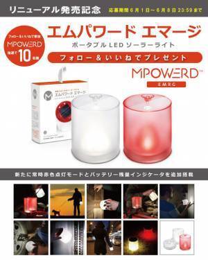 災害時に安心なS.O.S.点灯モード付小型LEDソーラーランタン「エムパワード エマージ」6月13日(月)リニューアル発売記念　Twitter＆Instagramキャンペーンを開催