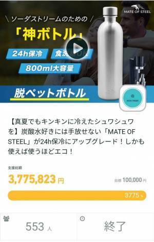 ソーダストリーム対応！炭酸水を24時間保冷出来る神ボトル『MATE OF STEEL Dory 800ml』の予約販売を開始　先日のプロジェクトでも目標達成率3,775％の人気商品！
