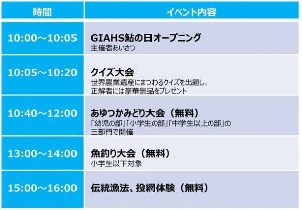 「GIAHS(ジアス)鮎の日」イベントの開催のお知らせ　日時：7月24日(日)10:00～16:00　メイン会場：清流長良川あゆパーク、サテライト会場：長良川流域4市などにて