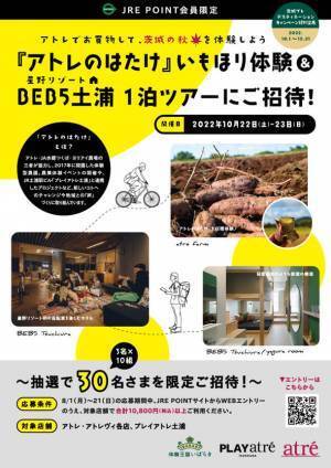 アトレでお買物して、茨城の秋を体験しよう！『アトレのはたけ』いもほり体験＆「星野リゾート　BEB5土浦」1泊ツアーにご招待！