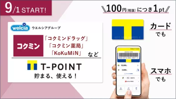 9月1日より「コクミンドラッグ」「KoKuMiN」「シルク」など全国約170店舗でTポイントが貯まる・使える