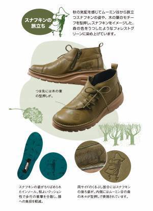 スナフキンとリトルミイ、それぞれの秋のシーンを型押しした、＜スナフキン/リトルミイ＞森のおさんぽ 足にやさしい4Eレザーショートブーツ新発売！
