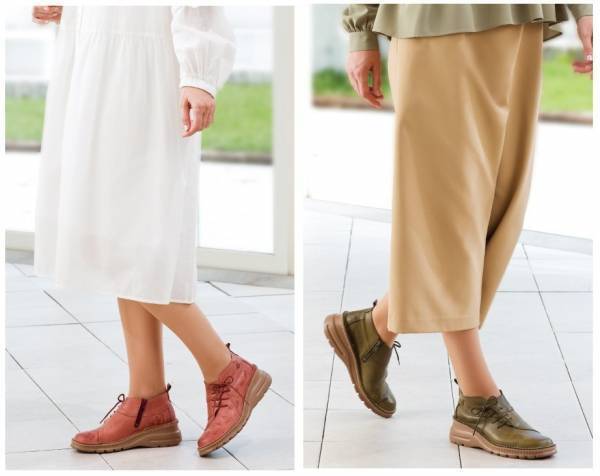 スナフキンとリトルミイ、それぞれの秋のシーンを型押しした、＜スナフキン/リトルミイ＞森のおさんぽ 足にやさしい4Eレザーショートブーツ新発売！