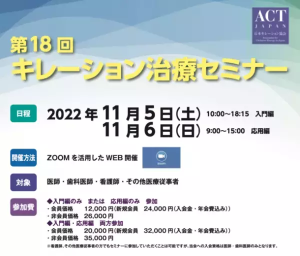 日本キレーション協会主催『第18回キレーション治療セミナー』開催　医師・歯科医師向けZoomオンラインセミナー 2022年11月5日(土)・6日(日)