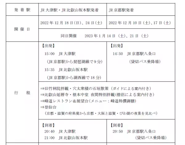 ～ 自然と祈りの比叡山へ 12月・1月開催 ～「冬の比叡山プレミアムナイトバスツアー」を販売開始