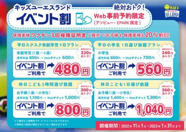 キッズユーエスランド イベント割対象webチケット　2022年11月1日(火)より期間限定発売