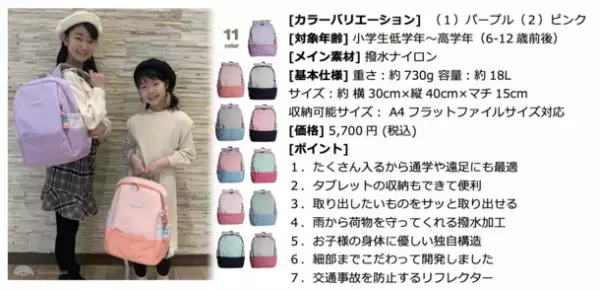 小学生の通学カバンに新しい選択肢を！デザインと機能性を追求した「なないろキッズリュック」などランドセル型リュックが販売数6,000個を突破