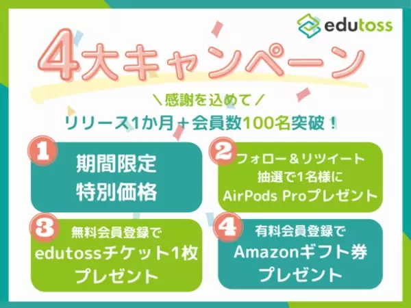 中高生のオンライン個別指導プラットフォーム“edutoss”サービスリリース1ヶ月と会員数100名突破を記念した4大キャンペーンを実施