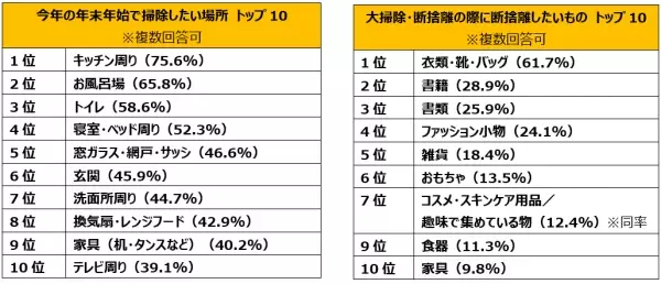 今年中にスッキリさせたいこと「仕事の内容」年末年始、約半数が「大掃除・断捨離」する！不要なものは捨てる派が約7割！一緒に年越ししたい女優 3位・橋本環奈、2位・新垣結衣、1位は！？