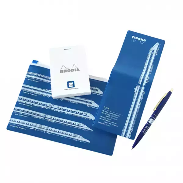 RHODIA・BICとのコラボ商品　0系トラベル筆記セット・100系トラベル筆記セット新発売！歴代の新幹線が並んだフラットポーチ付き