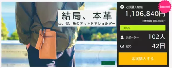 公開当日に目標達成！公開から3日ですでに完売商品も！防水加工、エイジングも楽しめる！そんな「オイルヌメ革」より製作したアウトドアショルダーのMakuakeプロジェクトが12月17日より公開中。