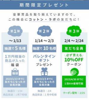 コットン・ラボのLINE友だちキャンペーン12月27日から開催中　総額1万円相当の豪華プレゼント＆全員貰える10％OFFクーポン！