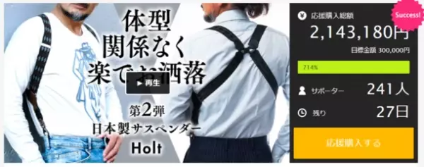 【簡単装着、お腹周り楽々】ファッションがキマる。日本製サスペンダー Holt Ver2　Makuakeにて開始2時間で目標達成！