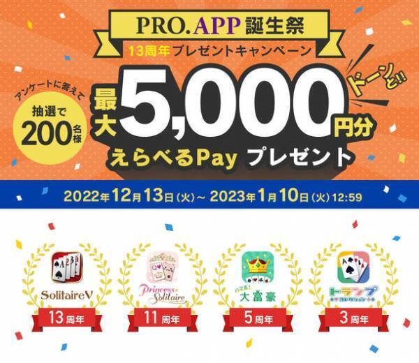 締切迫る！定番ゲームのアプリブランド「PRO.APP」13周年記念、抽選で200名様にえらべるPayが当たるプレゼントキャンペーンを実施！