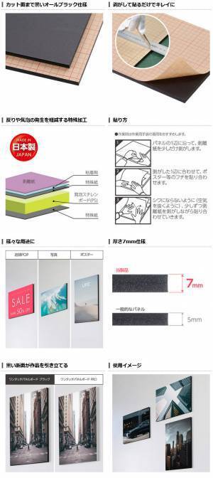 黒いカット面が作品をスタイリッシュにアピール！写真展示に便利な「ワンタッチパネルボード ブラック」8サイズが新発売