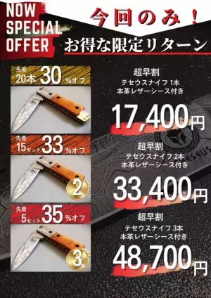 デザインアワード金賞授賞デザイナーが制作440層の美しいダマスカス鋼を使用した「Theseus テセウス」ナイフが日本初上陸！3月16日よりMakuakeにて先行予約販売開始